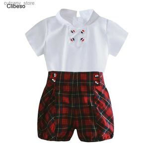 T-shirts 2024 Clibeso Spanish Outfit for Little Boys Summer Childrens Top and Bottom Clothes Sets Newborns White Shirt + Plaid Pants L240311