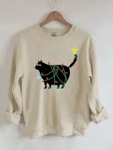 Moletons de gato de natal em luzes moletom casual moletom feminino pulôver casual camiseta feminina manga longa com capuz