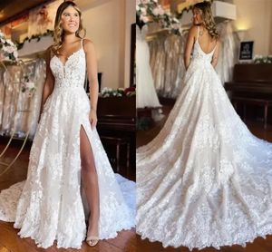 Wspaniałe sukienki ślubne suknia ślubna spaghetti paski bez rękawów koronkowa aplikacja Tiul linia Ruched Custom Plus Size Country Beach Vestido de novia