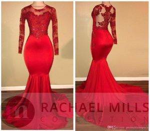 African Red Long Sleeve Mermaid Prom Dresses Bead Crystal Lace Appliced ​​Elastic Satin Sweep Train Women Formal Party Gown1954511