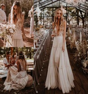 Fabulous Lace Boho Backless Wedding Dresses A Line Deep V Neck Beach Bridal Gowns Tulle Floor Length Bohemian vestido de novia9888144