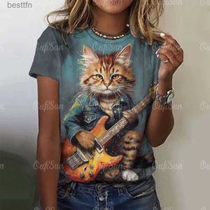Женская футболка Летняя женская футболка Rock Cat с принтом Короткая футболка Sle Fe Хип-хоп Мода Пара Свободный уличный стиль Y2k Топы Одежда 240311