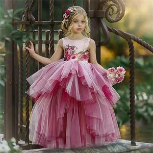 Vestidos de menina com decalques de renda, vestido de princesa em camadas, festa de casamento, concurso de beleza, primeira comunhão, vestido infantil