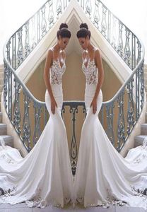 2019 New Spaghetti Straps Lace Mermaid Beach Wedding Dresses Satin Lace Applique Sweep Train Boho Wedding Bridal Gowns robes de ma3061286