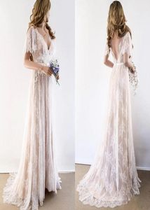 2022 Champagne Country Bohemian Wedding Gown Dresses V neck Short Sleeves Lace Backless Bridal Gowns Plus size8798765