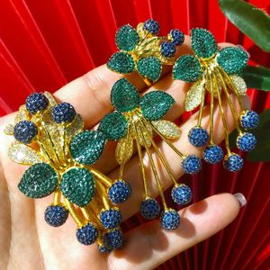 Bangle GODKI Luxury Green Flower 3PCS Bracelet Ring Earring Set For Women Wedding Bridal Zircon African//Dubai Jewelry