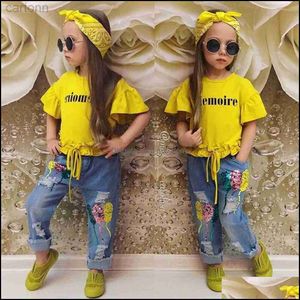 Clothing Sets Clothing Sets Ins Baby Girls Clothes Set Letters Short Sleeve T-Shirt And Sequins Jeans Headband Children Outfits Suit ldd240311