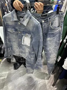 Roxo de alta qualidade Mens jeans angustiado motocicleta motociclista jean rock skinny magro rasgado buraco listra moda cobra bordado calças jeans jaqueta