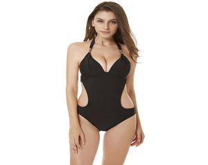 Damen Sexy Neckholder-Bikini, gepolstert, einteiliger Badeanzug, tiefer V-Ausschnitt, rückenfrei, Badeanzug, drapiert, ausgeschnitten, Badebekleidung, Strand, Strandmode, Bl3092436