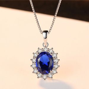 Vintage halsband Luxury S925 Silver Syntetisk äggform Sapphire Pendant Halsband Europeisk charm Kvinnor Collar Chary Wedding Party Jewelry Valentine's Day Gift SPC