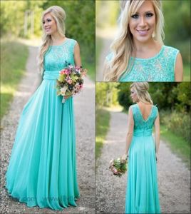 2020 Nya Teal Country Bridesmaid Dresses Scoop A Line Chiffon Lace V Backless Long Billiga brudtärna klänningar för bröllop BA15138258393