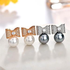 Stud Earrings Bowknot Shaped Cute For Girls Micro Paved With Tiny CZ Stone And Simulated Pearl Korean Style Trending Jewelery Gift