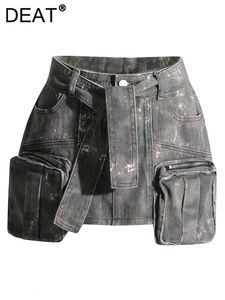 Deat Women Dżinsowa spódnica kamuflaż szczupły splatane wiele kieszeni zamki Lace Up Belt Mini spódnice 2024 Spring Mash