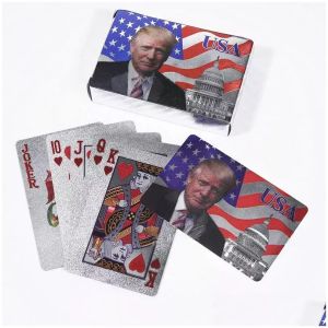 Bomboniera Trump Carte da gioco Gold Sier impermeabili Gioco di poker Consegna di gocce di plastica Giardino domestico Forniture festive Evento Dhodu