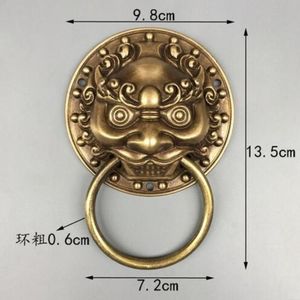 Chinês Folk Feng Shui Antigo Bronze Cobre Foo Fu Dog Lion Head Door Knocker3434