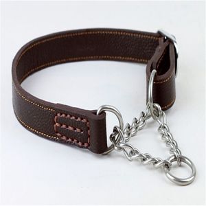 Real Cowhide läder Pet Pinch Collar Leads Strap Manual Stor hundkedja Neck Justerbart spänne rep Lösning för medelstora stora hundar 201253a