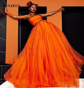 Orange Crop Top Prom Dress Strapless Sexy 2 Piece Party Gowns Long Tulle Black Girl Dress New Vestido Baile de Gala5517071