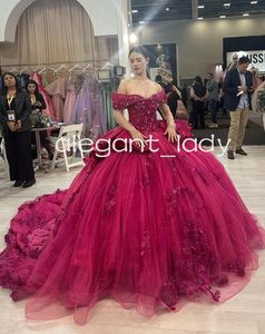 Fuchsia Pink Princess Quinceanera Dresses Off Shoudler Long Sleeve 3D Floral Crystal vestido de 15 quinceaneras 2024