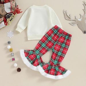 Conjuntos de roupas crianças meninas calças conjunto letras papai noel impressão moletom com xadrez flare roupa de natal