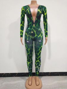 Scene Wear Women Singer Bar Nightclub Costume Green Leopard Prints Skinny Jumpsuit långärmad rund krage elastisk trampare