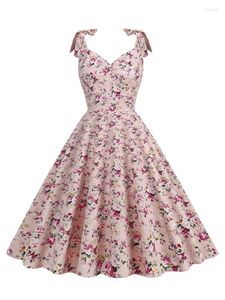 Casual Dresses Floral Print Knot Strap V-Neck Cotton Vintage Dress Women Party Elegant Celebrity Summer Ladies 1950s 60s Rockabilly Swing