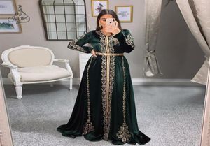 Velvet Fas Kaftan Gece Elbise Avcı Yeşil Altın Nakış Aletleri Suudi Arap Müslüman Uzun Kollu Balo GOWN4617596