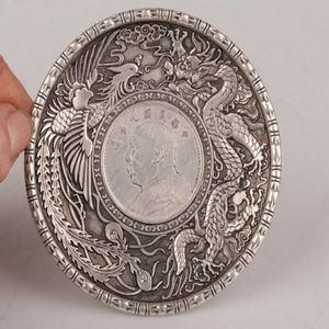 Chinês vintage artesanal escultura dragão phoenix placa prata cobre coleção289e