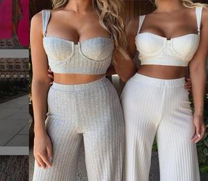 Branco conjunto de duas peças feminino agasalho de malha sem mangas sem alças colheita superior e calças sexy 2 peças define outfits2622636