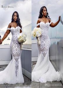 2020 حورية البحر قبالة الكتف الدانتيل بالإضافة إلى الحجم فساتين الزفاف البوق الفستان الزفاف الأفريقي ثياب العروس الرسمية