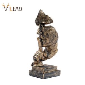 VILEAD 27 cm Resina Il Silenzio è Maschera d'Oro Statua Ornamenti Astratti Statuette Scultura Artigianale per Ufficio Decorazione Domestica Vintage 2201C