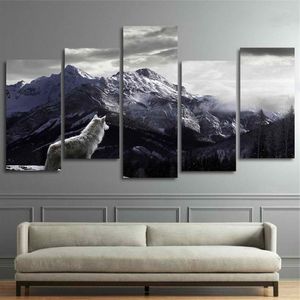 Legal hd imprime arte da parede da lona sala de estar decoração casa fotos 5 peças neve montanha planalto lobo pinturas animais cartazes framew284x