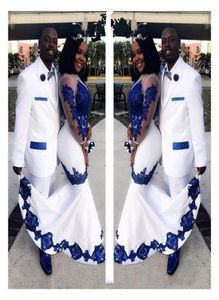 New White Satin Royal Blue Lace Aso Ebi Abiti da ballo africani Maniche lunghe Illusion Appliqued Abiti da sera da sera a sirena8202248