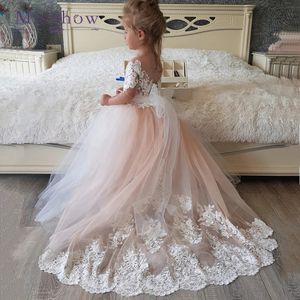 MisShow Cute Flower Girls Dresses With Sleeves For Wedding Party Lace Puffy Bow Princess Ball Gown Little Birthday Outfits 240309