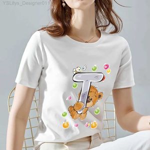 여자 티셔츠 여성 26 영어 T 편지 티셔츠 패션 화이트 귀여운 만화 베어 곰 인쇄 시리즈 탑 레이디 캐주얼 라운드 목 슬림 짧은 SLE L24312 L24312