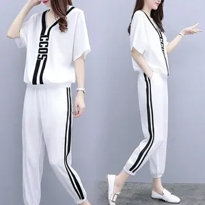 Women's Two Piece Pants 2024 Summer V Neck T Shirt Casual Elastic Waist Sports Pant Suit Female Loose Size 3XL Fashion Sets White