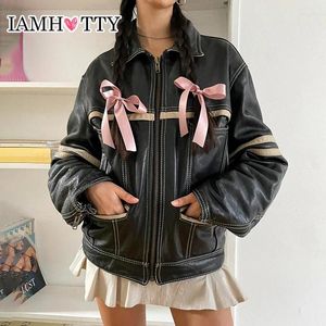 Jaquetas femininas iamty vintage contraste listrado zíper jaqueta de couro preto estilo rua solto cardigan y2k casaco de grandes dimensões outono inverno