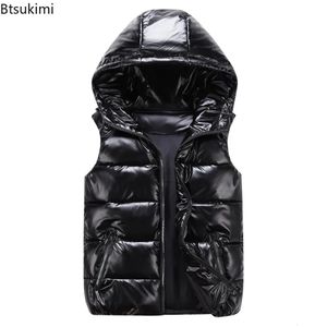 Mens ner bomullslätt Västrockar Par Casual Waterproof Waistcoat Winter Hooded Glossy Sleeveless Parkas 240229