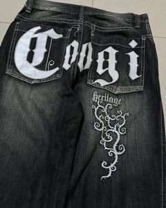 Jeans baggy hip hop punk y2k jeans homens padrão carta bordado harajuku preto mulheres jeans perna larga calças retas 230226