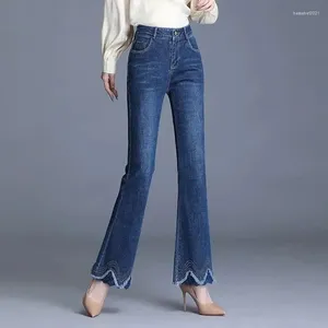 Kvinnors jeansbyxor för kvinna Bell Bottom Botten blossad blå hög midja s flare med fickor byxor sommaren sträckt 2024 kvalitet