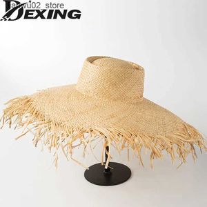 Breda randen hattar hink naturlig raffia sommarbredd sunhatt för kvinnor halm damer uv skydd diskett strandhatt q240312