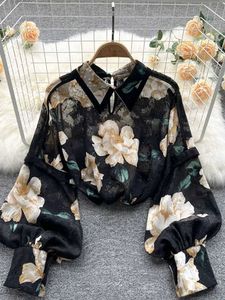 Kvinnors blusar skjortor Spring Autumn Puff Sle Shirts Blus Women Floral Long Sle Lapel -knappar Vintage Shirts Elegant Bluses Tops Fe GD631L24312