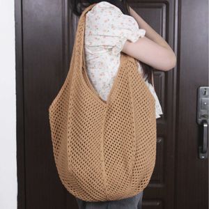 Coreano instagram um ombro algodão malha saco novo crochê tecido bolsa grama férias praia 240312