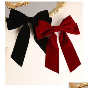 Hårklipp Barrettes 2024 Barrettes Hårklipp Tillbehör Girls Black Red Big Veet Bow For Women Vintage Wedding Long Ribbon Korea Otgxs