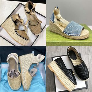 Tasarımcılar Kadın Kama Platformu Sandalet Espadrille Ayakkabı Gerçek Deri Ayak Bileği Dantel Up Matelasse Espadrille Ladies Yüksek Topuk 12cm Boyut 35-41 Kutu 037