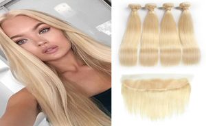 Blonde Bundles Hair Color 613 Ear to Ear 13x4 Lace Frontal Closure With 4 Bundles Brazilian Virgin Human Hair Blonde Weaves Exten6201014