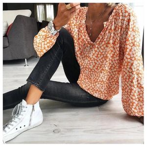 Women's T Shirts 2024 Summer V-neck Long Sleeve Printed Loose Lantern Shirt Casual Top T-shirt Flower Pocketless