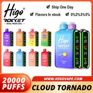 Оригинальные одноразовые электронные сигареты HIGO ROCKET 20000 Puff 0,6 Ом с сетчатой катушкой 28 мл Батарея для капсул Перезаряжаемые электронные сигареты Puff 20K 0% 2% 3% 5% RBG Light Vape Pen Kit