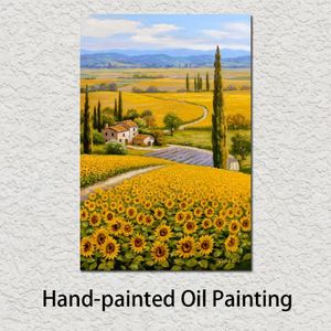 Bela pintura a óleo paisagens girassol flor campo arte em tela pintada à mão para sala de estudo decoração de parede200c