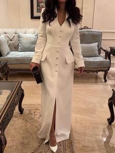 Modern Button V-Neck Evening Dresses Long Sleeve Front Split Formal Dress 2024 White Trumpet Floor Length Special Occasion Gown