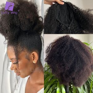 Drawstring Ponytail Human Hair 4c Afro Kinky Curly Real Mongolian Remy Human Hair Ponytail Clip In Bundles 120g Luffy 240407
